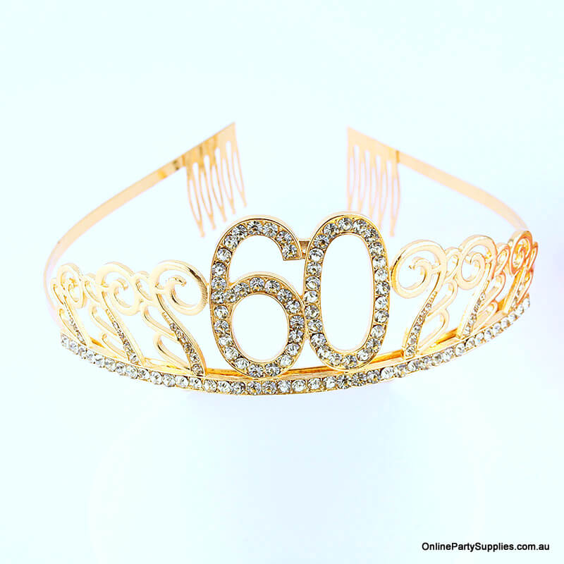Gold Metal Rhinestone Happy 60th Birthday Tiara