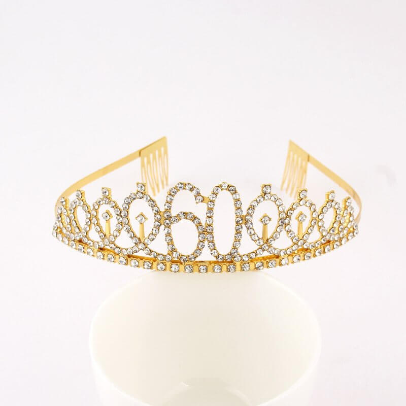 Gold Metal Rhinestone Happy 60th Birthday Tiara - Style 4