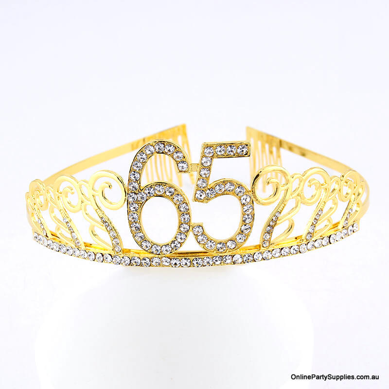 Gold Metal Rhinestone Happy 65th Birthday Tiara