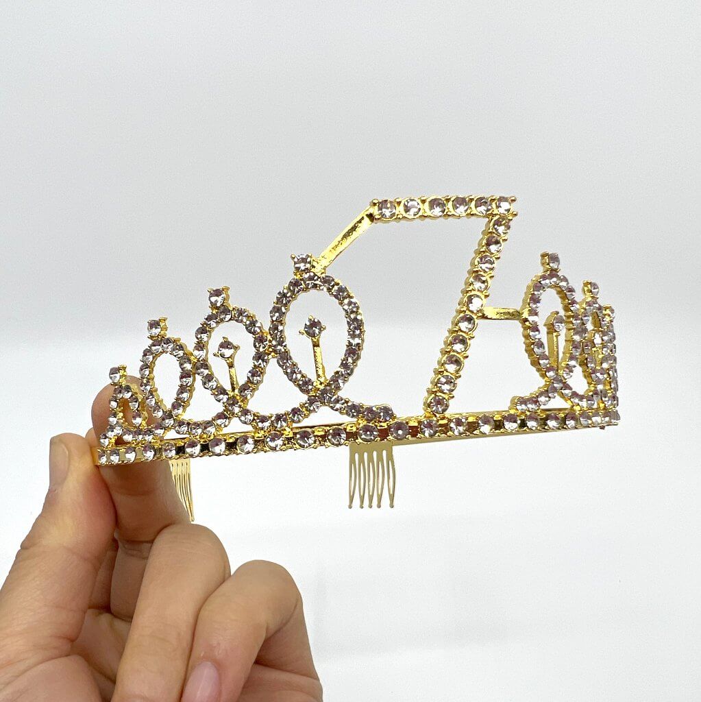 Gold Metal Rhinestone Happy 7th Birthday Crown Tiara