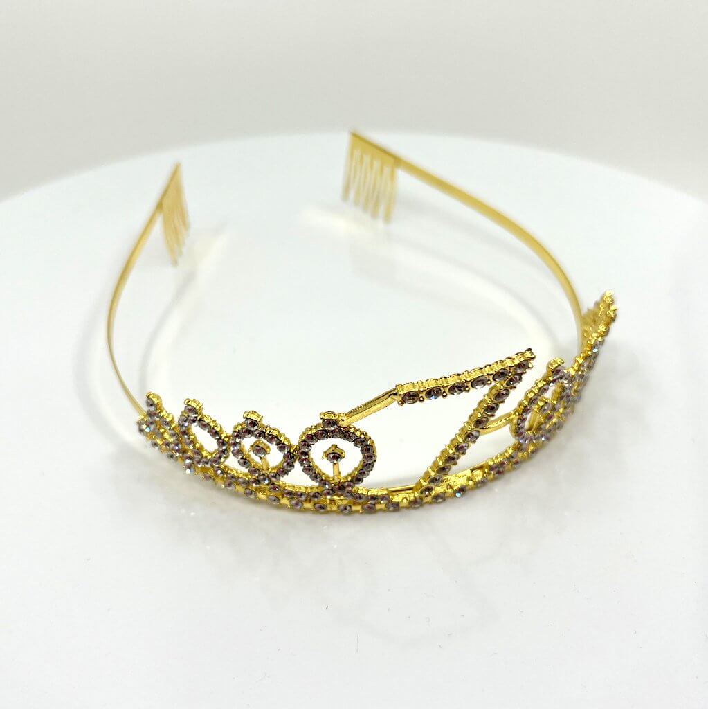 Gold Metal Rhinestone Happy 7th Birthday Crown Tiara