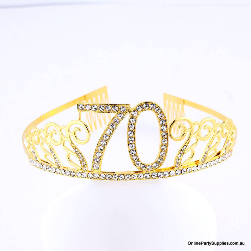 Gold Metal Rhinestone Happy 70th Birthday Tiara