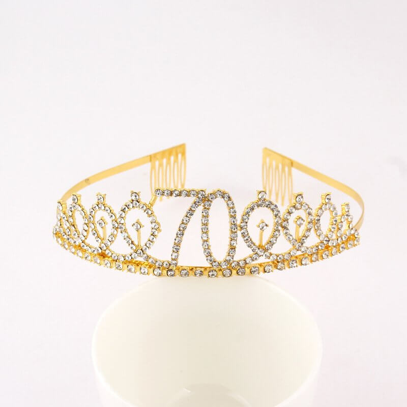 Gold Metal Rhinestone Happy 70th Birthday Tiara - Style 4