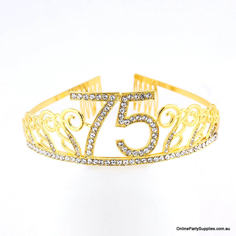 Gold Metal Rhinestone Happy 75th Birthday Tiara