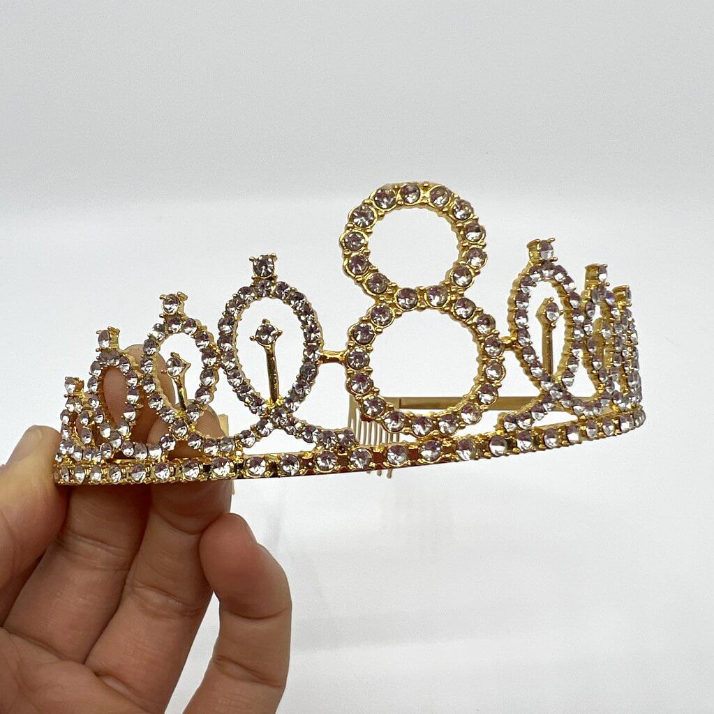 Gold Metal Rhinestone Happy 8th Birthday Crown Tiara