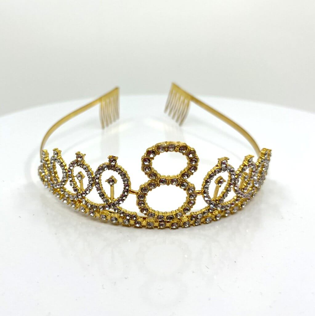 Gold Metal Rhinestone Happy 8th Birthday Crown Tiara
