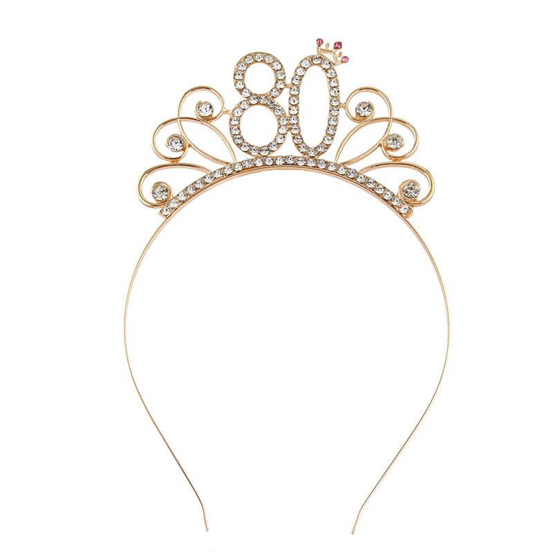 Gold Metal Rhinestone Happy 80 Birthday Tiara - Style 5