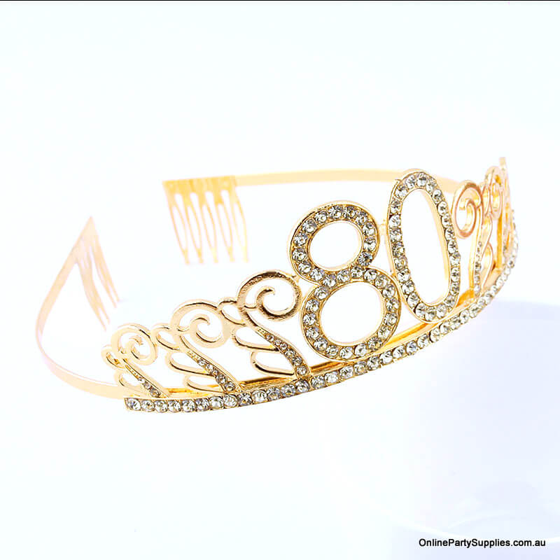 Gold Metal Rhinestone Happy 80th Birthday Tiara