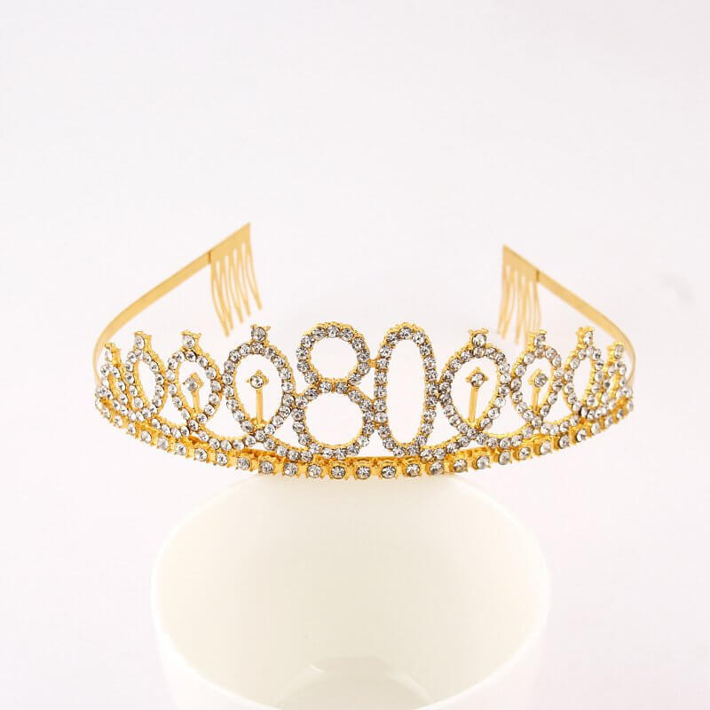 Gold Metal Rhinestone Happy 80th Birthday Tiara - Style 4