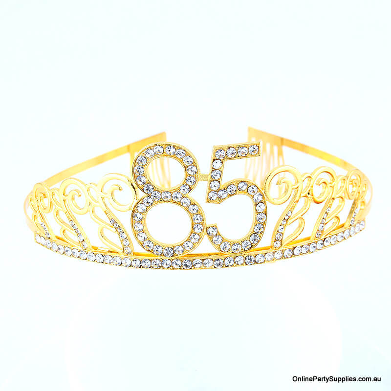 Gold Metal Rhinestone Happy 85th Birthday Tiara