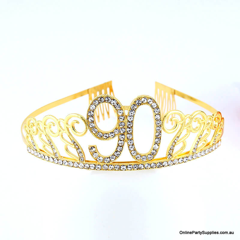 Gold Metal Rhinestone Happy 90th Birthday Tiara