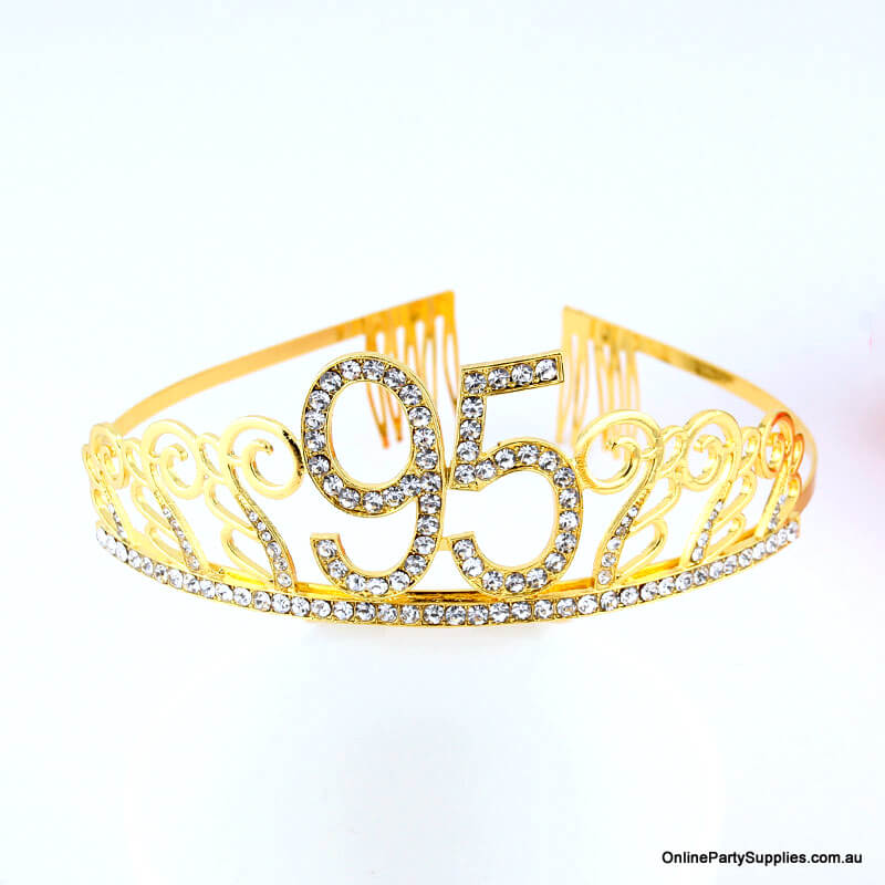 Gold Metal Rhinestone Happy 95th Birthday Tiara