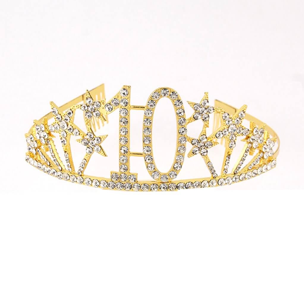 Gold Metal Rhinestone Diamante Number 10 with Stars Birthday Tiara