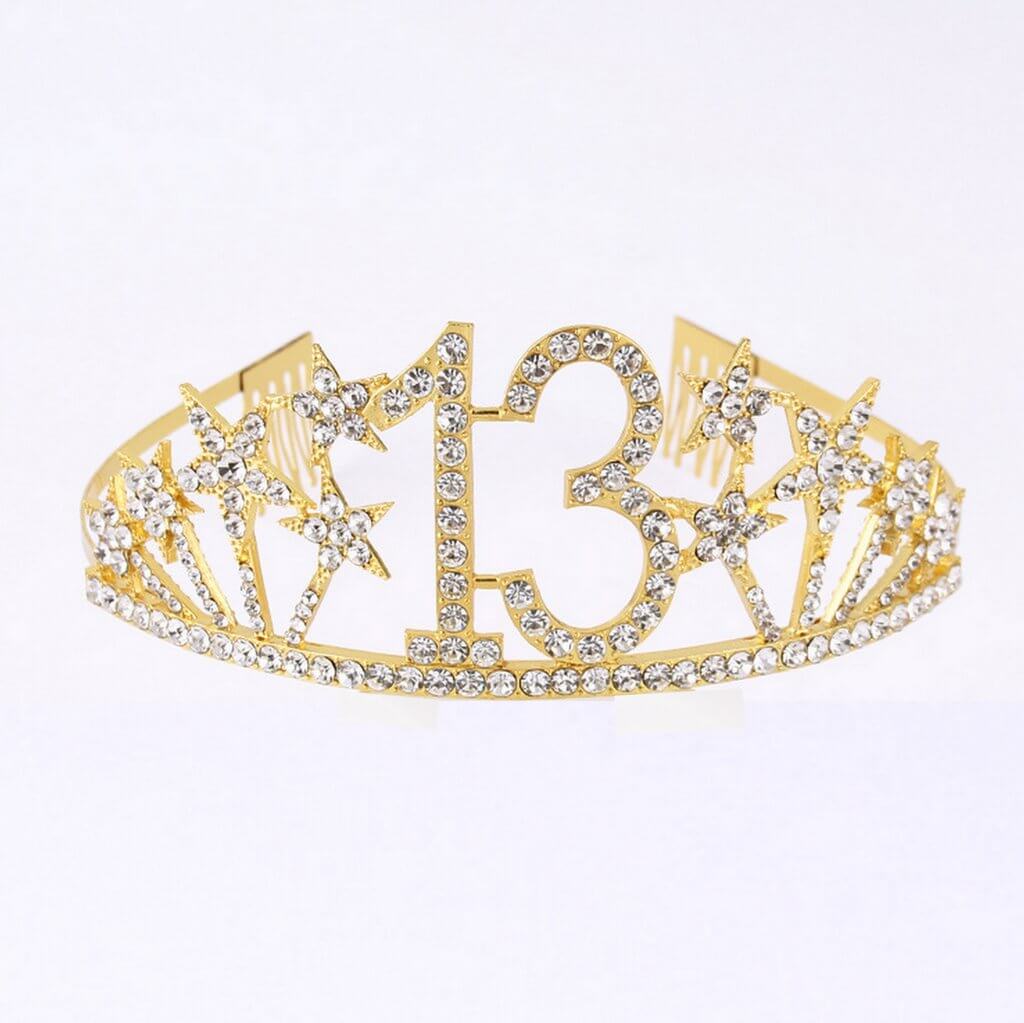 Gold Metal Rhinestone Diamante Number 13 with Stars Birthday Tiara