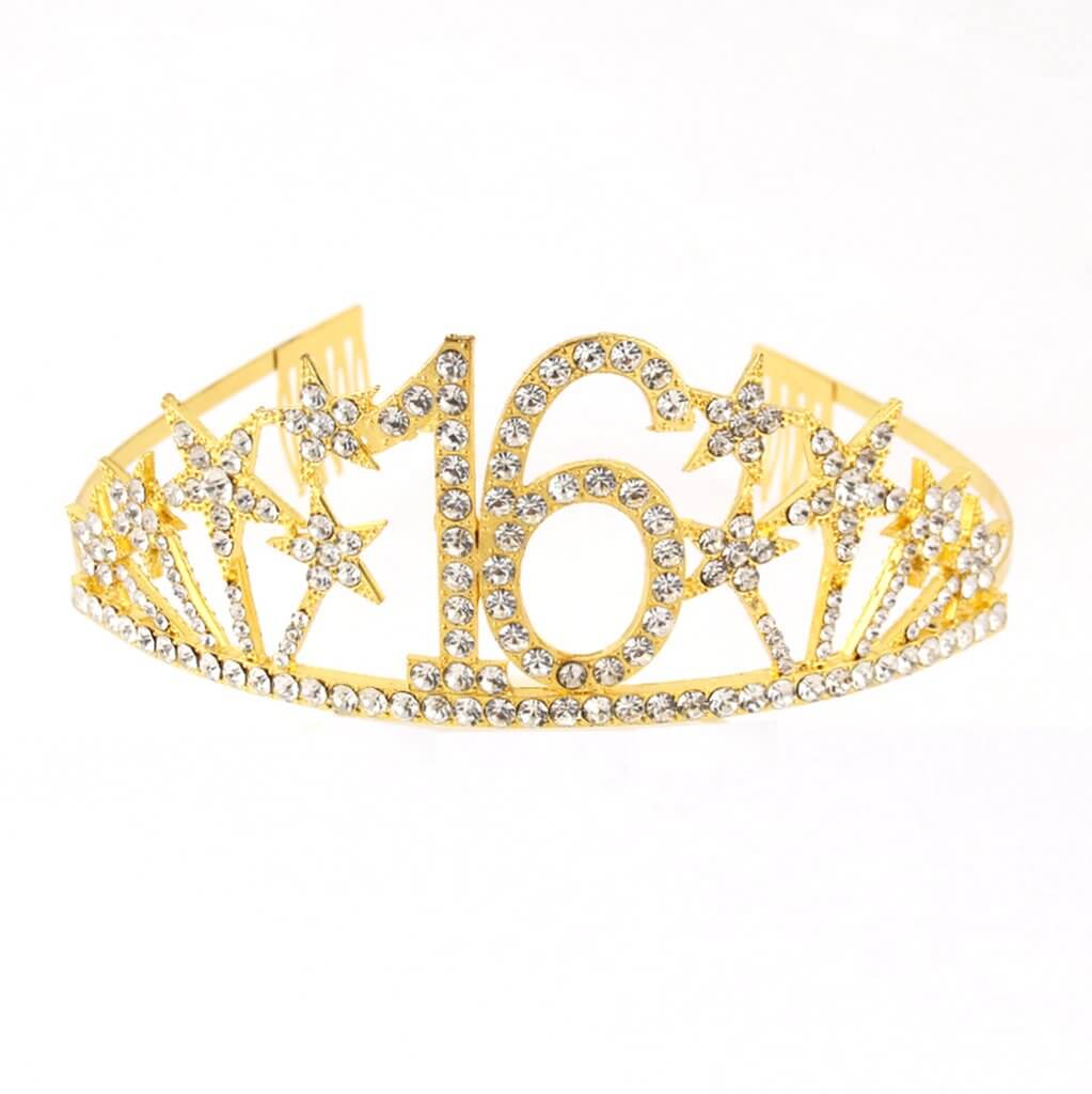 Gold Metal Rhinestone Diamante Number 16 with Stars Birthday Tiara