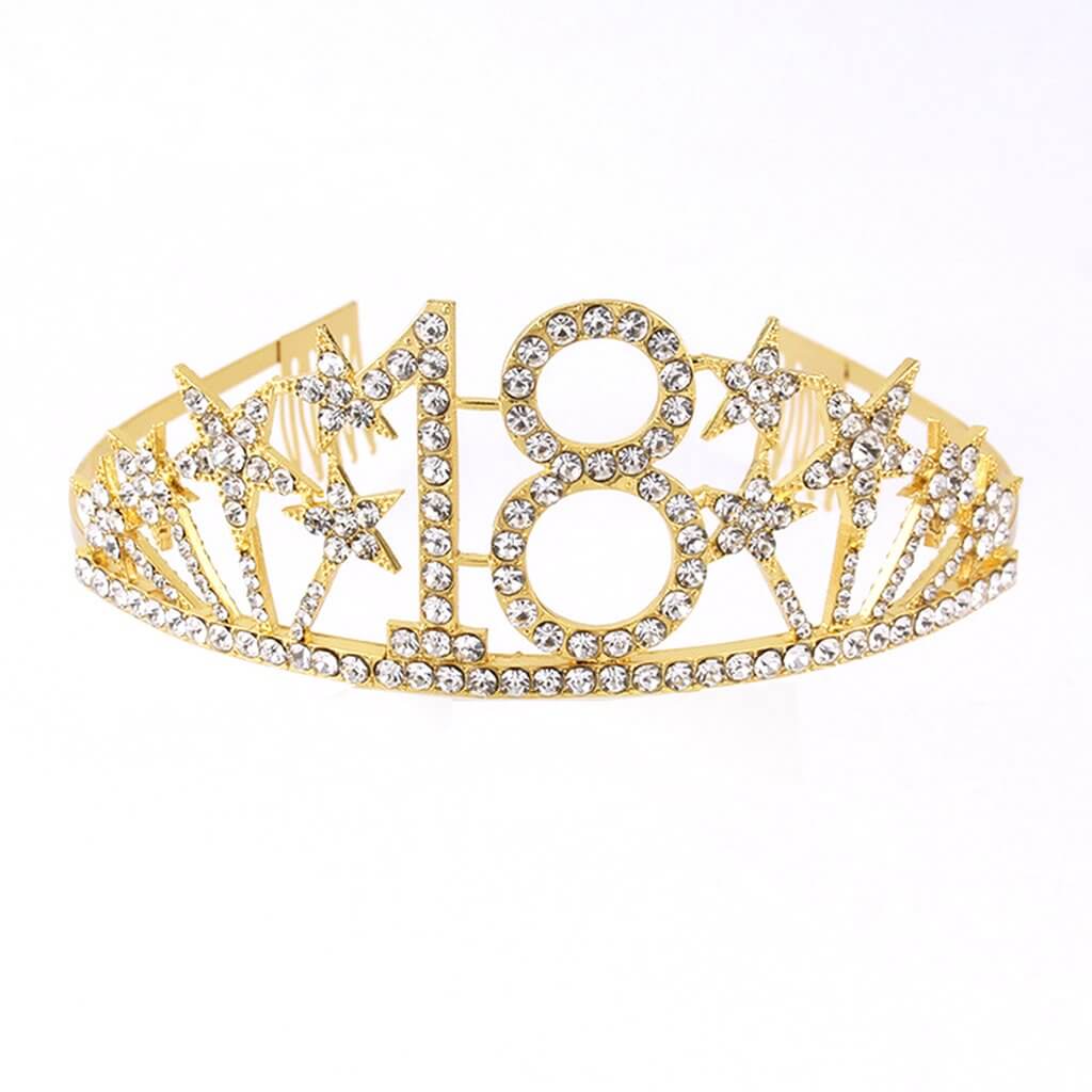 Gold Metal Rhinestone Diamante Number 18 with Stars Birthday Tiara