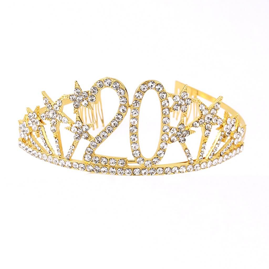 Gold Metal Rhinestone Diamante Number 20 with Stars Birthday Tiara