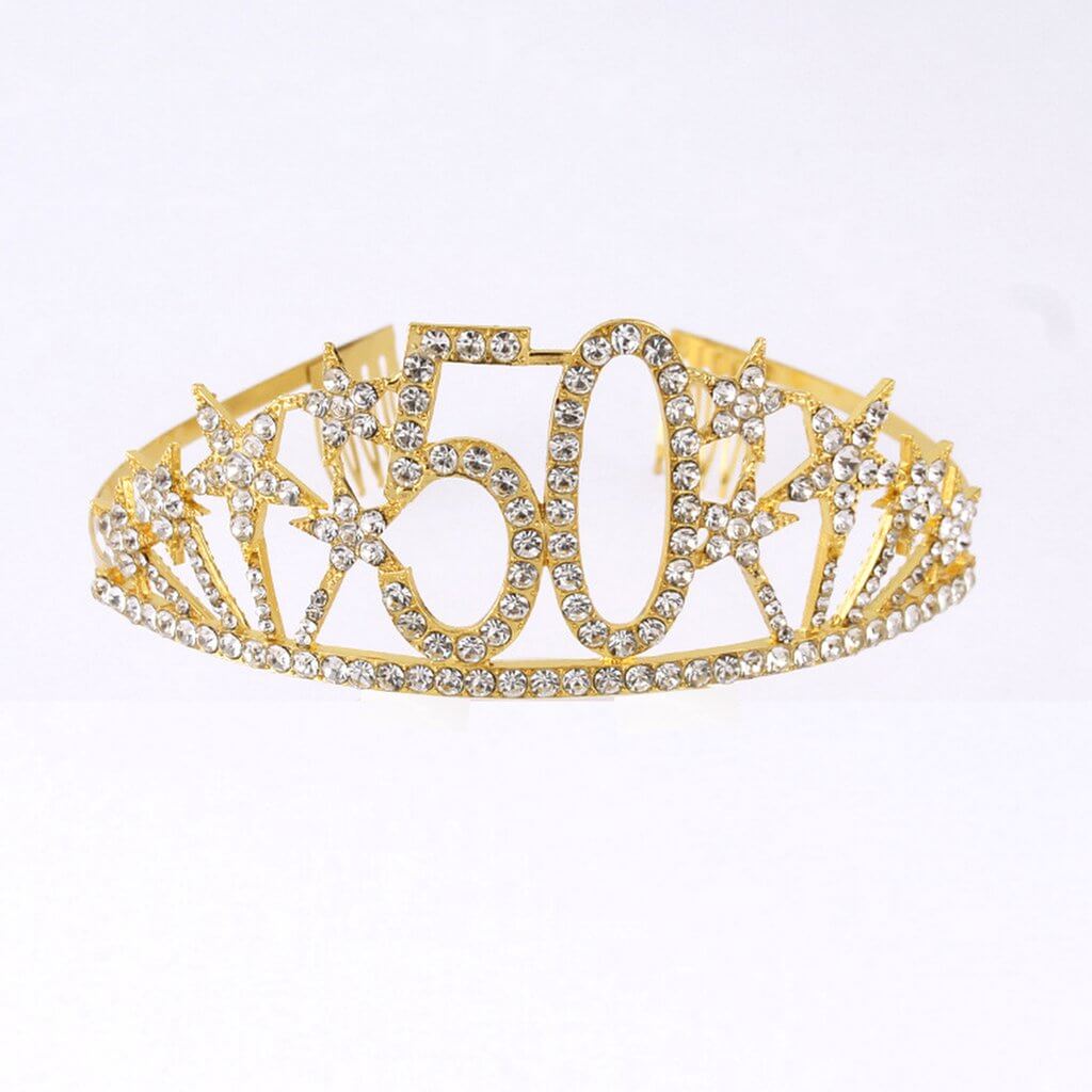 gold Metal Rhinestone Diamante Number 50 with Stars Birthday Tiara