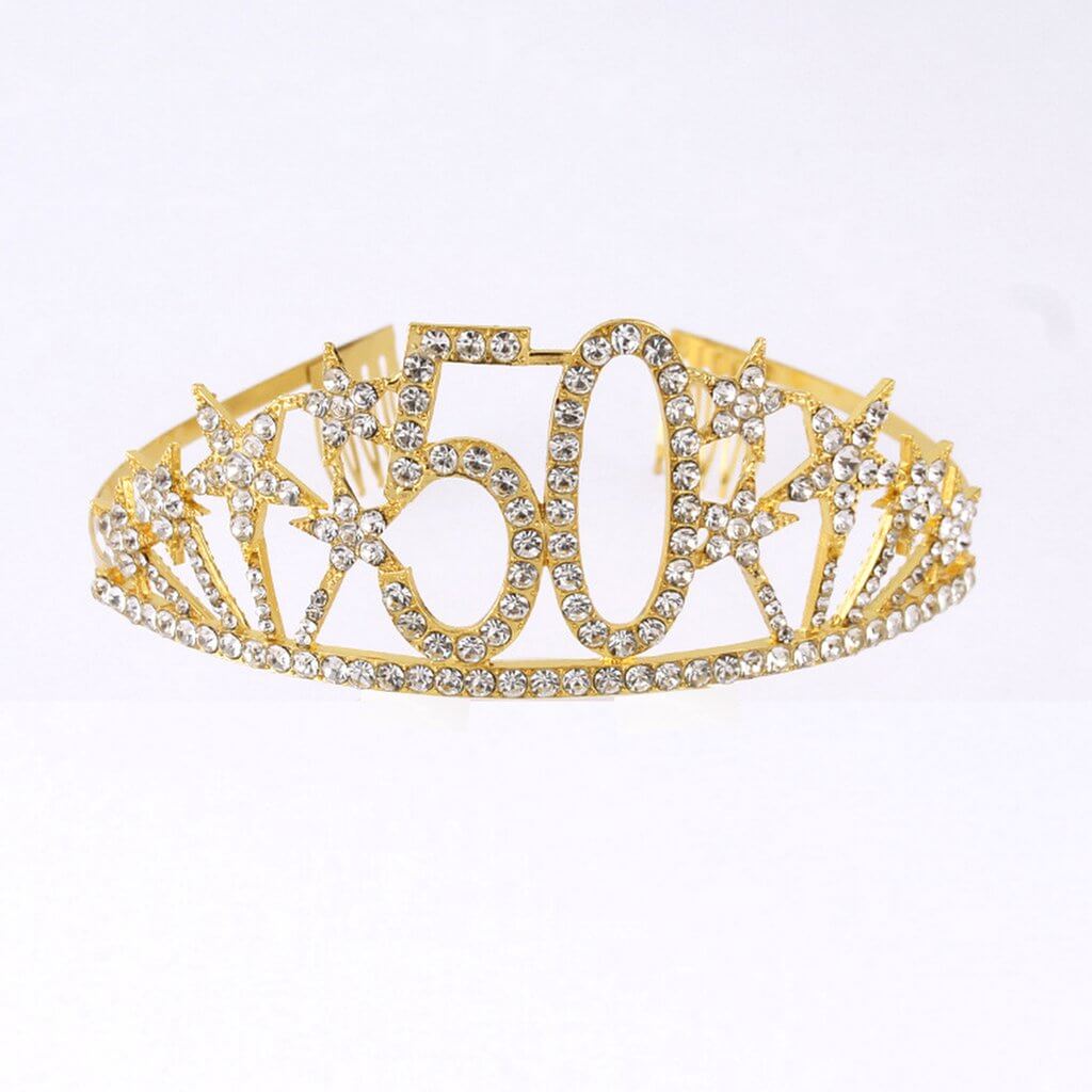 gold Metal Rhinestone Diamante Number 50 with Stars Birthday Tiara