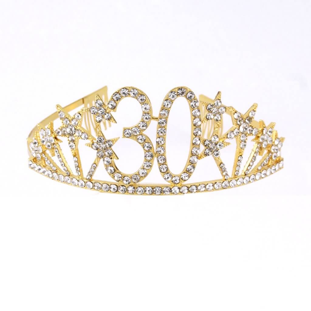 Gold Metal Rhinestone Diamante Number 30 with Stars Birthday Tiara