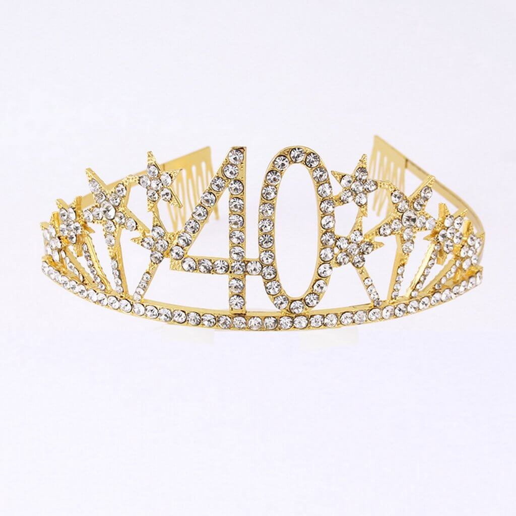 Gold Metal Rhinestone Diamante Number 40 with Stars Birthday Tiara