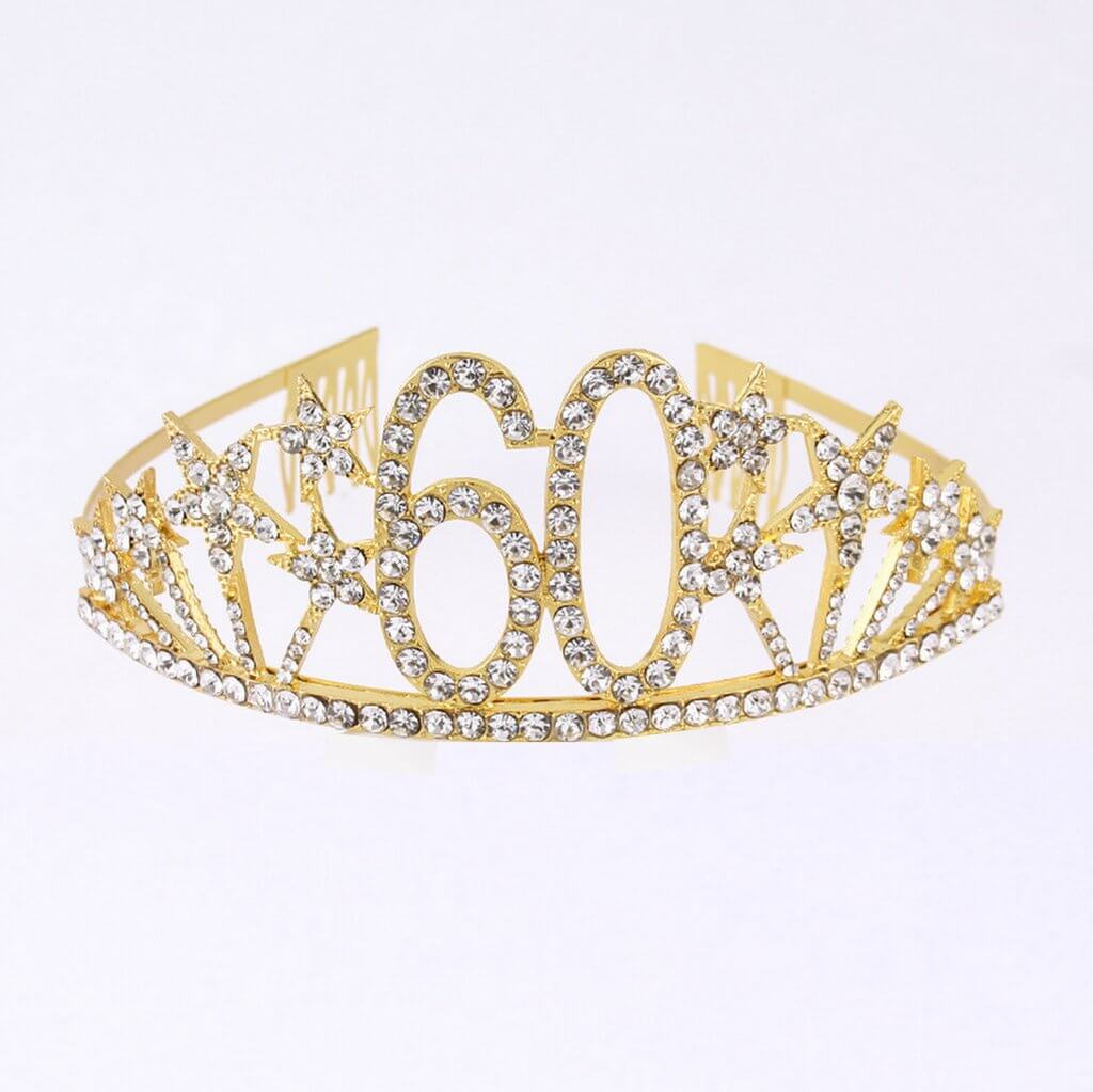 Gold Metal Rhinestone Diamante Number 60 with Stars Birthday Tiara