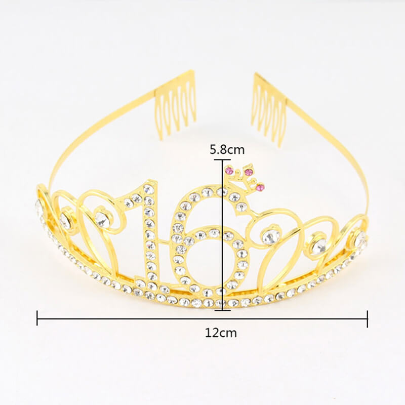 Premium Quality Gold Metal Rhinestone 16th Birthday Tiara with Princess Crown - 16th Birthday Party Decorations