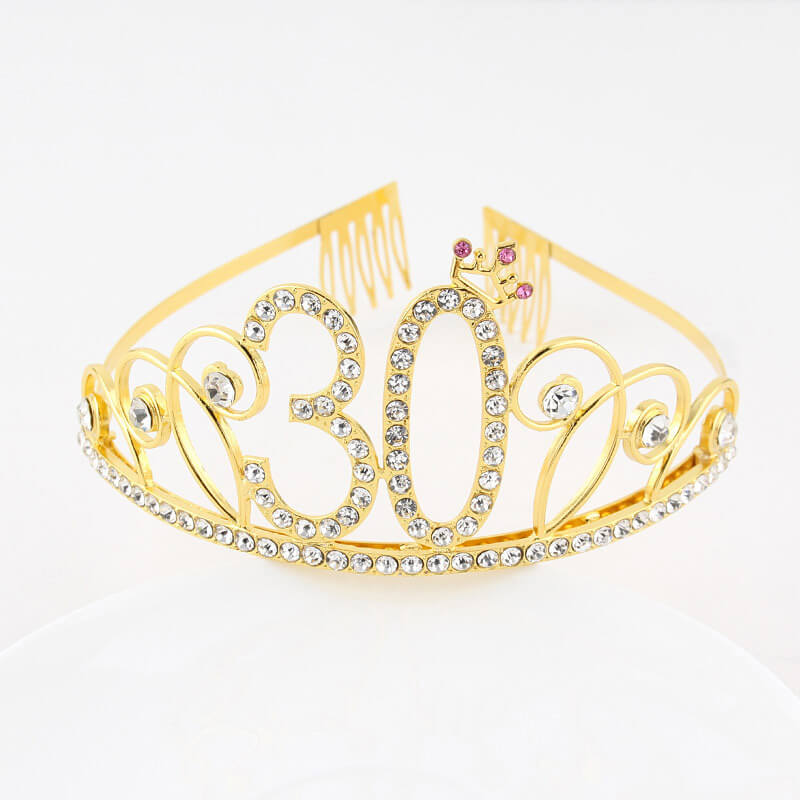 Premium Quality Gold Metal Rhinestone 30th Birthday Princess Crown Tiara