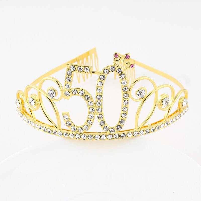 Premium Quality Gold Metal Rhinestone 50th Birthday Princess Crown Tiara
