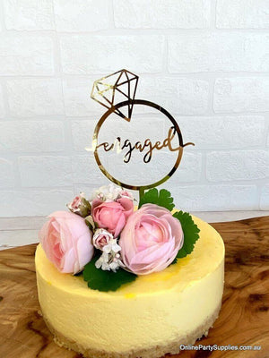 Gold Mirror Acrylic 'Engaged' Diamond Ring Wedding Cake Topper