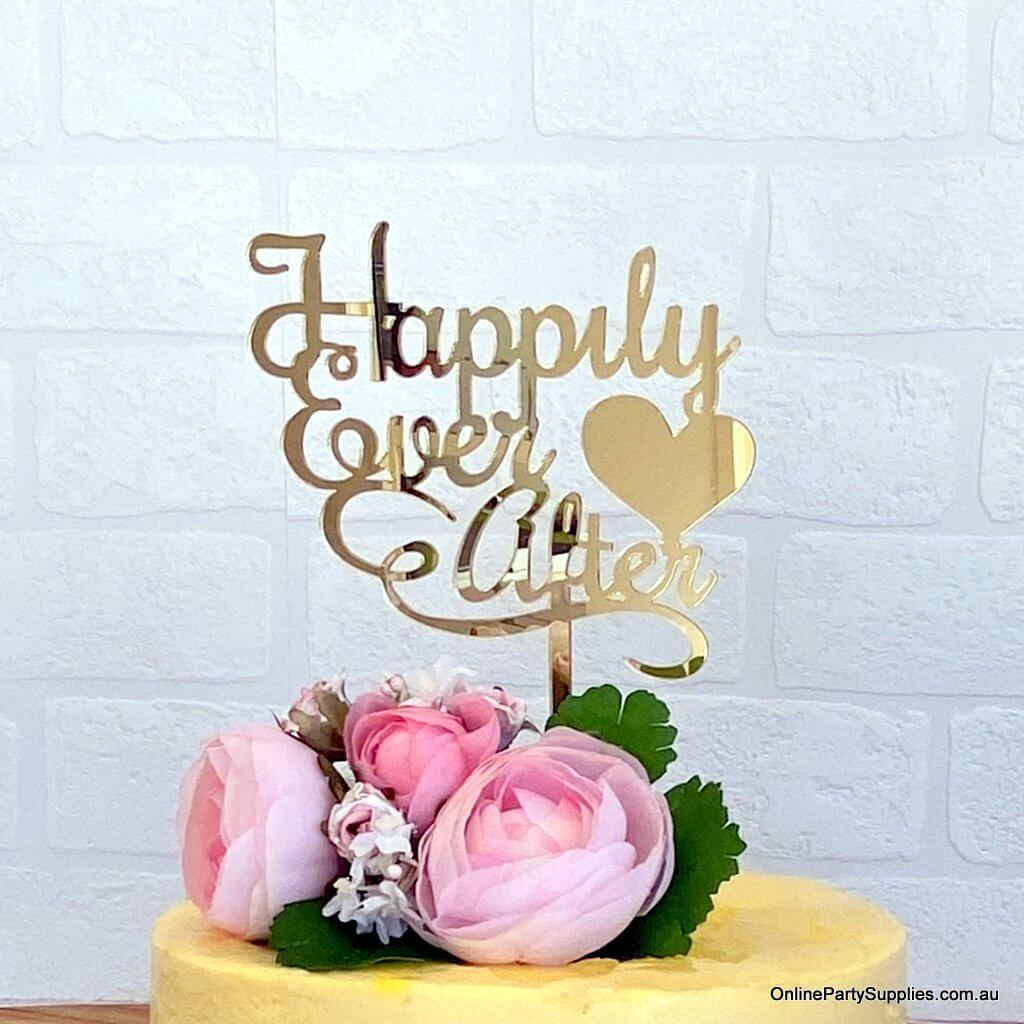 Acrylic Gold Mirror 'Happily Ever After' with Heart Wedding Cake Topper