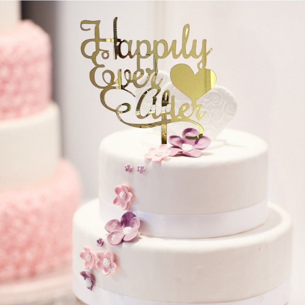 Acrylic Gold Mirror 'Happily Ever After' with Heart Wedding Cake Topper