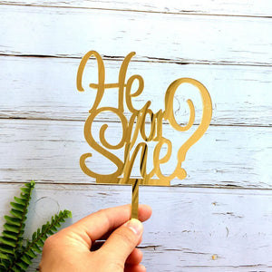 Gold Mirror Acrylic He or She Cake Topper - Online Party SuppliesGold Mirror Acrylic He or She Cake Topper - Online Party Supplies