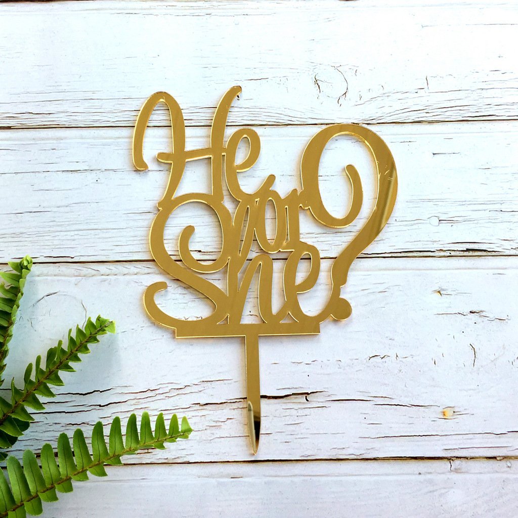 Gold Mirror Acrylic He or She Cake Topper - Online Party Supplies