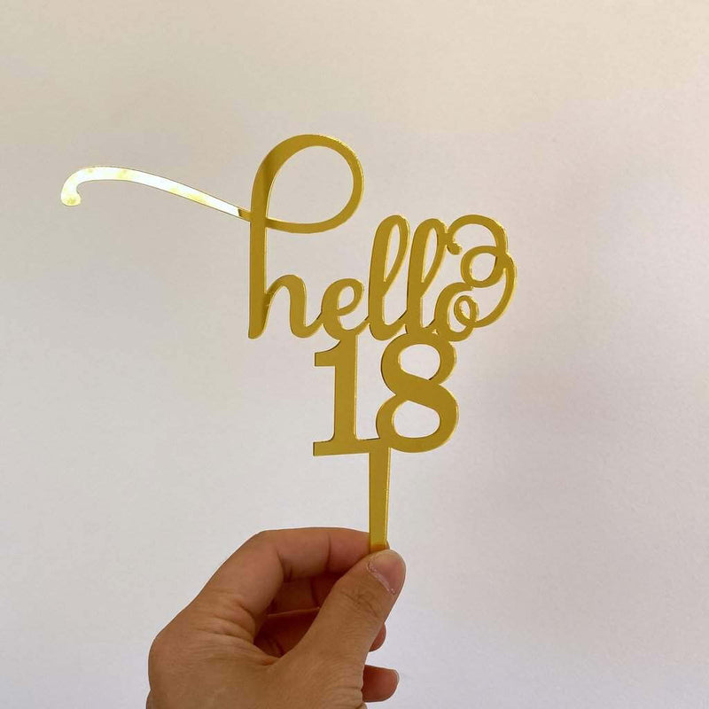 Gold Mirror Acrylic Hello 18 Birthday Cake Topper