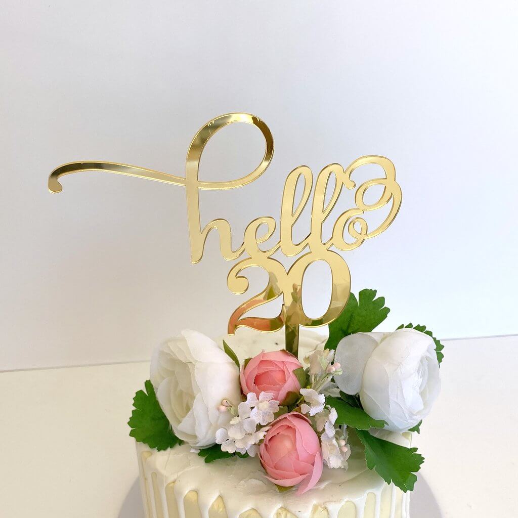 Gold Mirror Acrylic Hello 20 Birthday Cake Topper