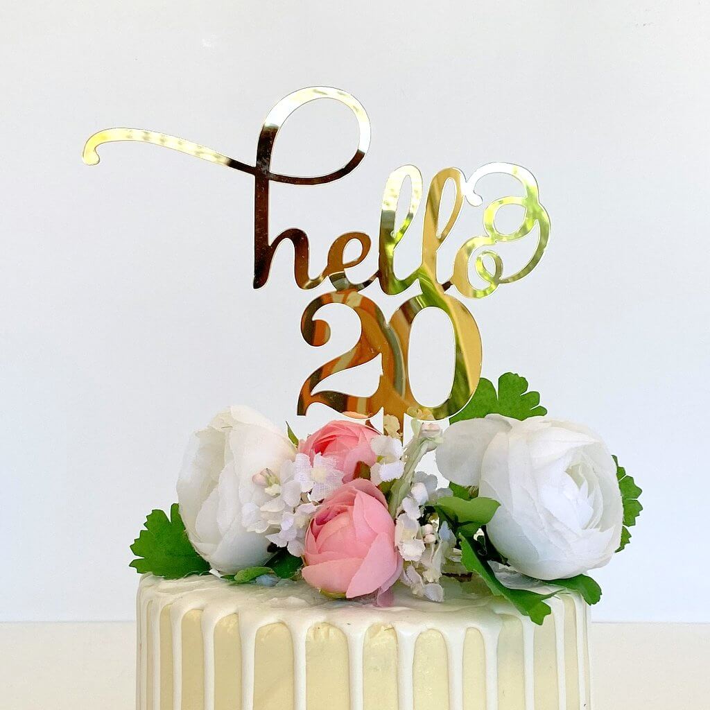 Gold Mirror Acrylic Hello 20 Birthday Cake Topper