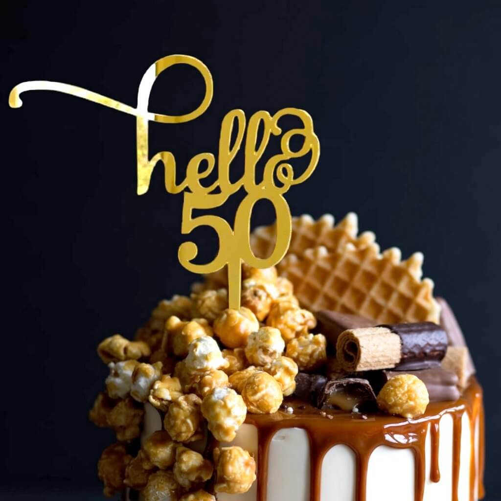 Acrylic Gold Hello 50 Cake Topper – 50th Birthday and Anniversary Decoration