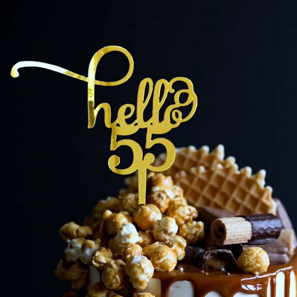 Gold Mirror Acrylic Hello 55 Birthday Cake Topper