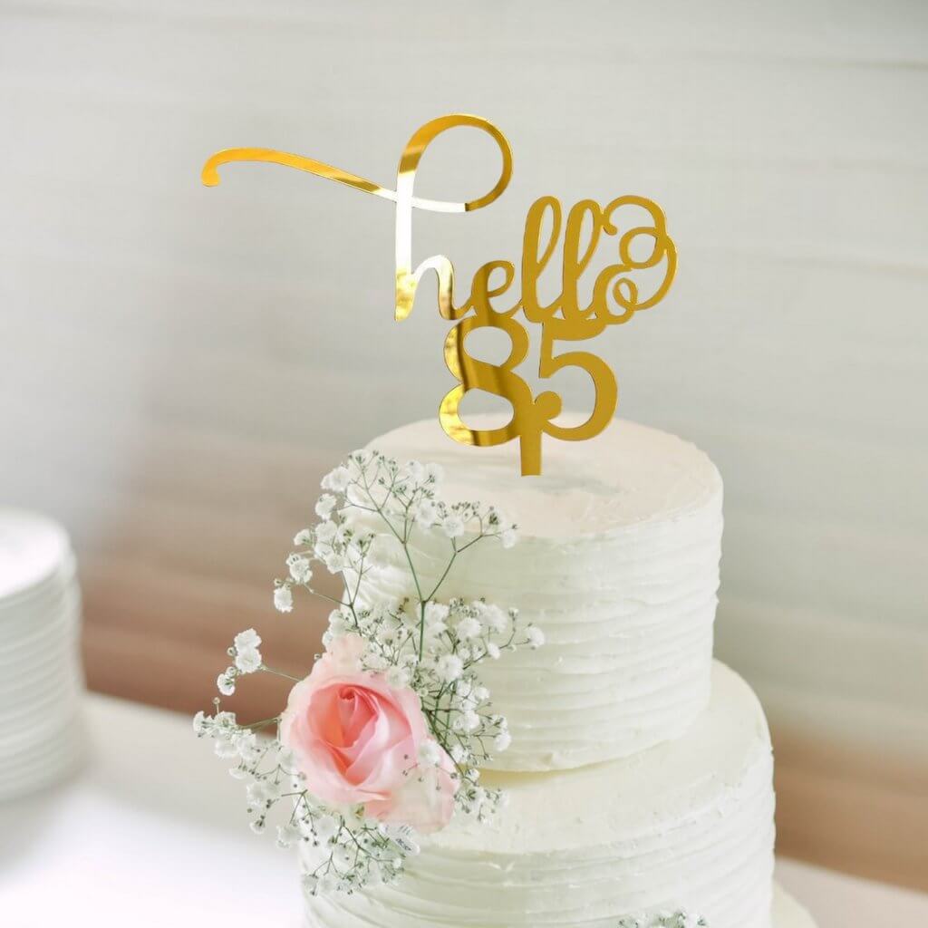 Gold Mirror Acrylic Hello 85 happy birthday Cake Topper