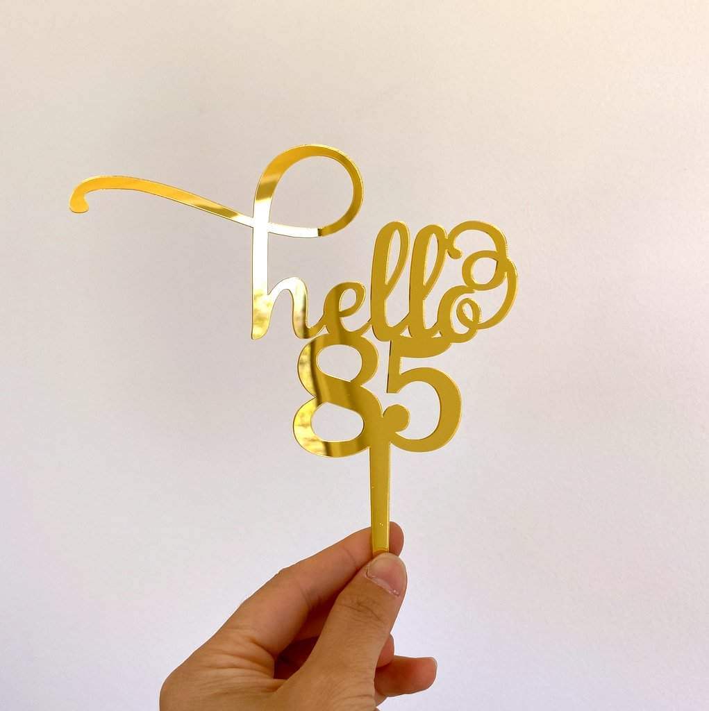 Gold Mirror Acrylic Hello 85 happy birthday Cake Topper
