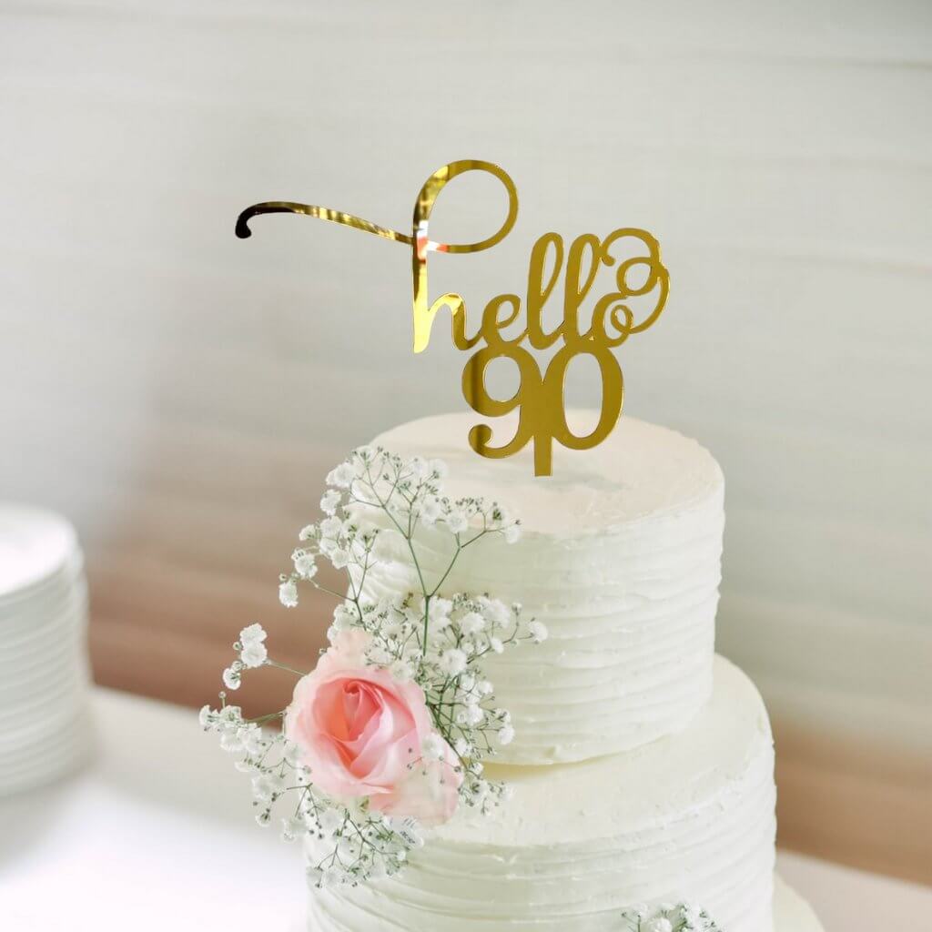 Gold Mirror Acrylic Hello 90 Happy ninetieth birthday Cake Topper