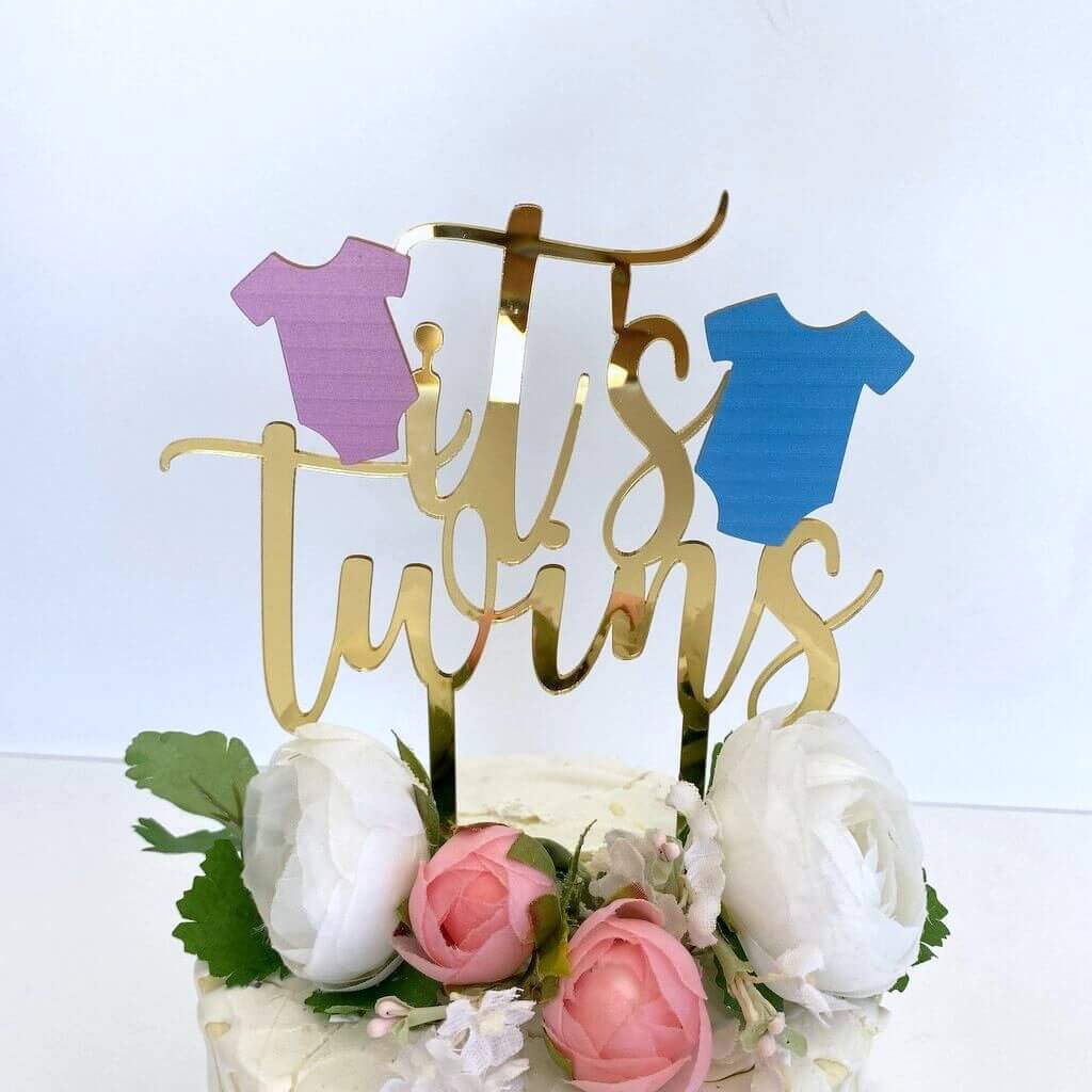 Gold Mirror Acrylic It's Twins Pink & Blue Onesie Cake Topper