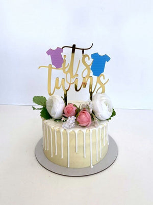 Gold Mirror Acrylic It's Twins Pink & Blue Onesie Cake Topper