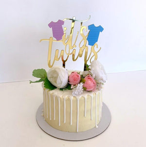 Gold Mirror Acrylic It's Twins Pink & Blue Onesie Cake Topper