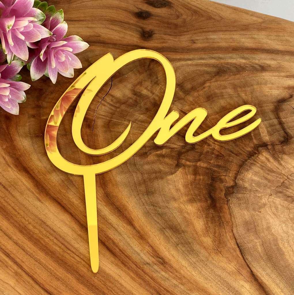 Gold Mirror Acrylic One Script Happy First Birthday Cake Topper