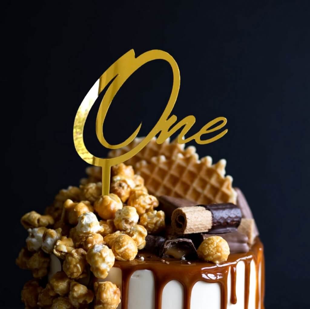 Gold Mirror Acrylic One Script Happy First Birthday Cake Topper