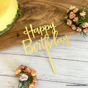 Online Party Supplies Gold Mirror Happy Birthday Script Cake Topper