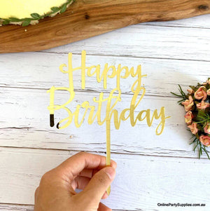 Online Party Supplies Gold Mirror Happy Birthday Script Cake Topper