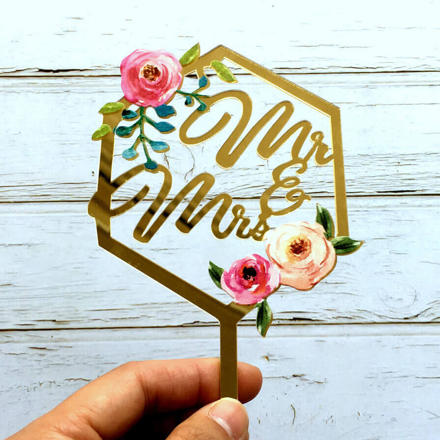 Acrylic 'Mr & Mrs' Floral Geometric Hexagon Bridal Shower Cake Topper